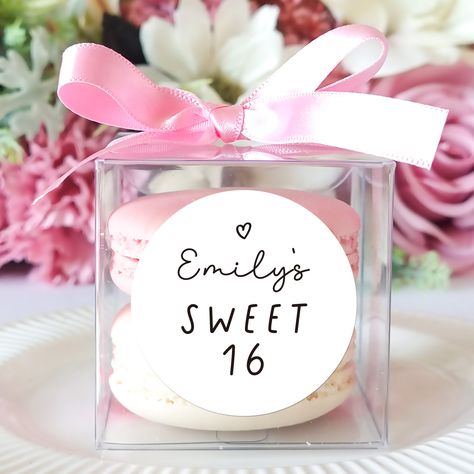 10 Sets of sweet 16 birthday favors clear macaron box ribbon label set, personalized sweet 16, sweet sixteen, 16th birthday by CookieboxStore on Etsy Macarons Easy, Sweet Sixteen Party Favors, Macaron Packaging, Sweet Sixteen Favors, Sweet 16 Party Favors, Ribbon Label, Diy Packaging, Macaron Boxes, Box Ribbon