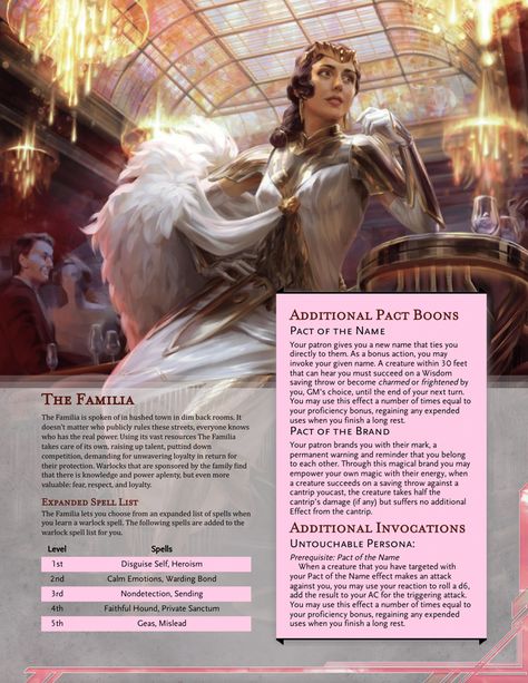 Someday, and that day may never come, your Parton will ask something from you... Become a magical Mafioso with this Otherworldy Patron: The Famila. Plus bonus Pact Boons and Invocations : UnearthedArcana Dm Binder, Dnd Madness, Warlock Patron, Dnd Statblocks, Dnd Tips, Dnd Warlock, Dnd Subclasses, Dnd Spells, Dnd 5