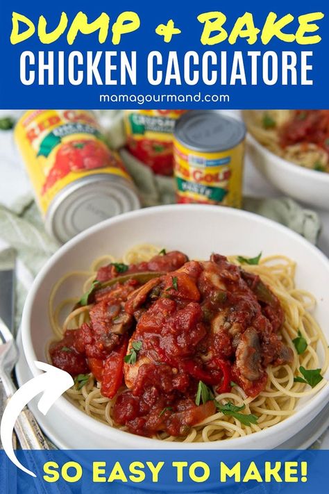 a bowl of chicken cacciatore over pasta Baked Chicken Cacciatore Oven, Baked Chicken Cacciatore, Dump And Bake Dinner, Mamagourmand Recipes, Dump Chicken, Bake Dinner, Meat Board, Dump And Bake, Easy Oven Baked Chicken