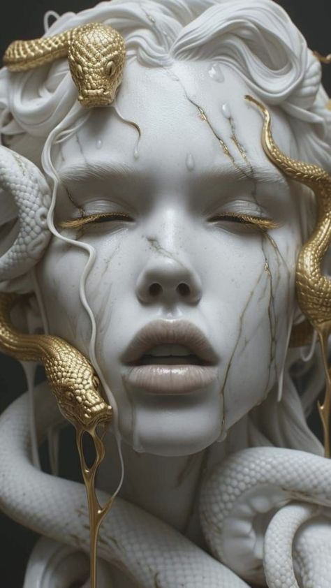 Gold Snake Tattoo, Gorgon Aesthetic, E T Costume, Your Actions Have Consequences, Snakes Aesthetic, Medusa Bust, Medusa Aesthetic, Medusa Sculpture, Medusa Pictures