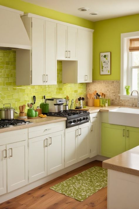 Green Kitchen Paint Colors, Green Kitchen Paint, Farmhouse Style Kitchen Cabinets, Lime Green Kitchen, Style 2025, Room Wall Colors, Charming Kitchen, Kitchen Cabinet Styles, Kitchen Paint Colors