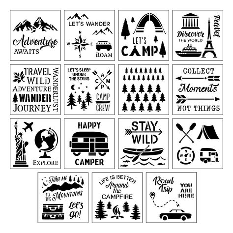 "Find the Camping & Travel Stencils by Craft Smart®, 12\" x 12\" at Michaels. Stencils are great for expressing yourself! Use these camping and travel themed stencils for a variety of fun DIY crafting projects. Stencils are great for expressing yourself! Use these camping and travel themed stencils for a variety of fun DIY crafting projects. They're perfect for transforming gifts, accessories, décor, and furniture! Details: Camping and travel themed 12\" x 12\" (30.4cm x 30.4cm) stencil sheet si Paper Palm Tree, Expressing Yourself, Vinyl Quotes, Painting Templates, Camper Life, Sun Valley, Themed Crafts, Nature Journal, Furniture Details