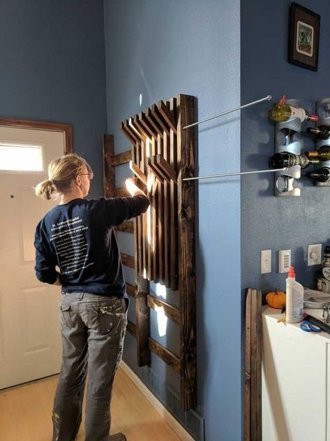 We replaced our insufficient (and ugly) aluminum coat rack with a "piano" coat rack. Total cost about $250 not including the wine drunk during the staining phase. - Imgur Piano Coat Rack, Diy Coat Rack, Diy Coat, Modern Coat Rack, Wood Projects That Sell, Home Entrance Decor, Entrance Decor, Diy Wood Projects, Woodworking Shop