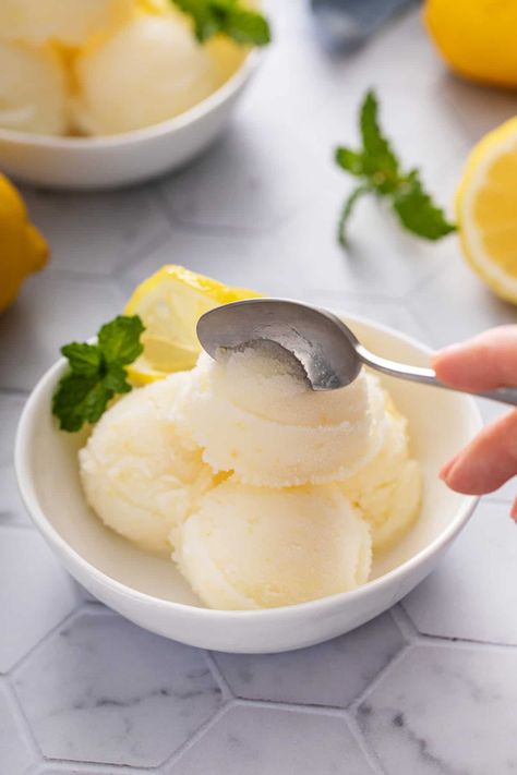 Lemon Sorbet Lemon Sorbet Recipe, Sorbet Recipe, Sorbet Ice Cream, Dairy Free Ice Cream, Lemon Sorbet, Frozen Lemonade, Ice Cream At Home, Sorbet Recipes, Half Baked Harvest