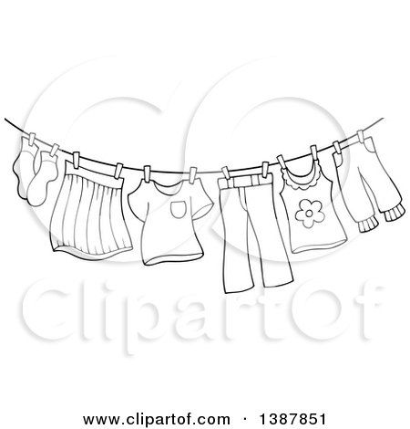 Clipart of a Black and White Lineart Clothes Line with Laundry Air Drying - Royalty Free Vector Illustration by visekart Clothes Doodle, Clothing Doodles, Clothesline Art, Clothes Line Tattoo, Laundry Drawing, Laundry Illustration, Laundry Doodles Ideas, Hanging Clothes Illustration, Clothesline Drawing