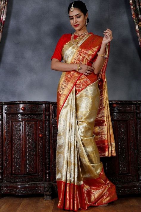 Gold Colour Pattu Sarees, Kanchi Pattu Saree Wedding, Gold Pattu Saree, Brides Saree, Kanchipuram Silk Saree Wedding, Bride Sarees, Red Saree Wedding, Gold Silk Saree, Kanjivaram Sarees Silk