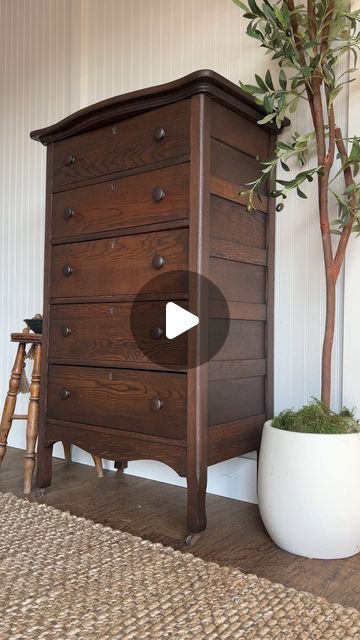 Breeya Shade on Instagram: "A beautiful antique dresser for FREE?! I thought I was dreaming. 

There was never a moment where I thought about doing anything other than restoring this piece. I used my @surfprepsanding orbital & 3x4 sanders to get it down to raw wood then applied my favorite @varathane stain to bring the wood back to life. I top coated with @howard_products wax and added fabric to the drawers instead of wallpaper which was so much easier! I saw @abby_roadhome add fabric to her walls and knew I needed to try it on a piece of furniture. 

Comment “products” for a direct link to everything I used 

#antique #dresser #furnitureflip #curbsidefind #freefurniture #restoration" Wood And Green Furniture, Antique Dresser With Mirror Makeover, Dressers With Mirrors, Antique Dresser Makeover, Restoration Furniture, Varathane Stain, Stained Dresser, Wood Dressers, Wood Restoration