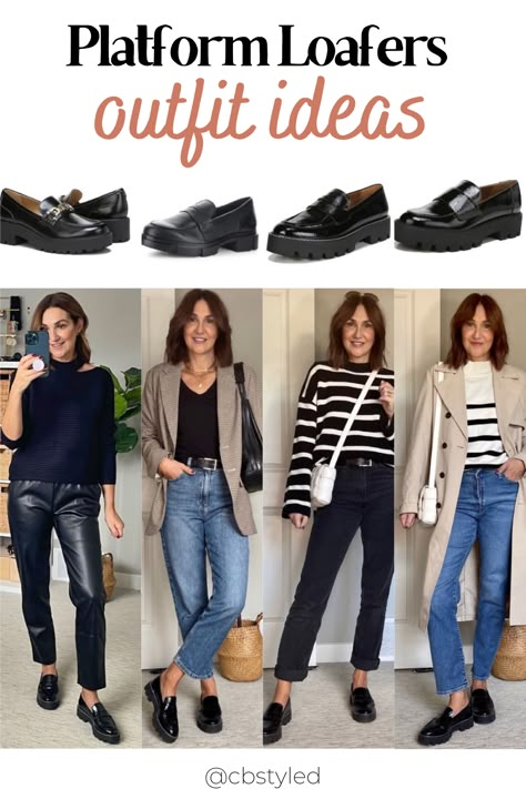 Style With Black Loafers, Lug Sole Loafers Outfit 2022, Black Brogues Outfit Women, Black Slide Loafers Outfit, Platform Oxfords Outfit Work, Black Chunky Loafers Outfit Plus Size, Outfits With Black Platform Loafers, Penny Loafer Outfits Women Work, Leather Shoes Woman Outfit