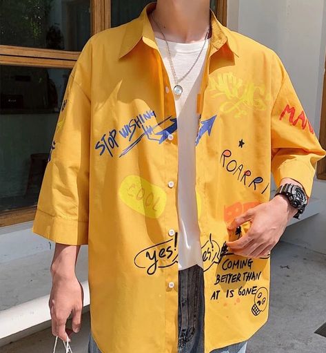 Aesthetic Clothes Boys, My Future Husband, Bright Colored Outfits, Stylish Shirts Men, Masc Outfits, Color Outfits, Shirt Outfit Men, Yellow Clothes, Aesthetic Outfits Men