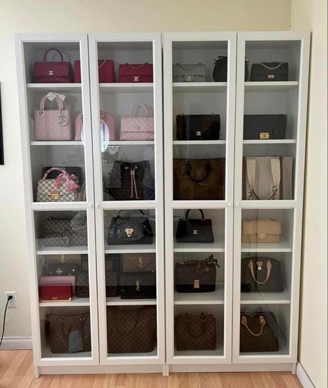 Bag Cupboard Storage Ideas, Purse Cabinet Storage, Purse Storage Display, Handbag Cupboard, Handbags Shelves, Purse Shelves, Ikea Oxberg, Closet Makeup Room, Bag Cabinet