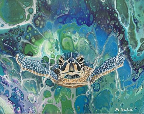 Green Artwork, Green Ocean, Water Sea, Turtle Painting, Acrylic Artwork, Ocean Water, Ocean Painting, Artwork Pictures, Basic Concepts