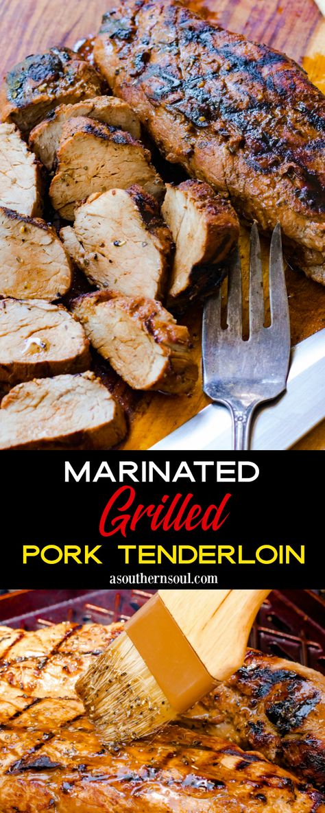 Making juicy, tender pork has never been easier! Grilled Pork Tenderloin turns out perfectly every time all thanks to a simple marinade made with olive oil, balsamic vinegar, garlic and herbs. Whether you’re grilling on a summer evening with your family or entertaining friends, this delicious recipe is guaranteed to get rave reviews. #grilledtenderloin Pork Loin Marinade, Pork Ideas, Grilled Pork Tenderloin Recipes, Grilled Tenderloin, Pork Tenderloin Marinade, Grilled Pork Loin, Simple Marinade, Juicy Pork Tenderloin, Pork Tenderloins