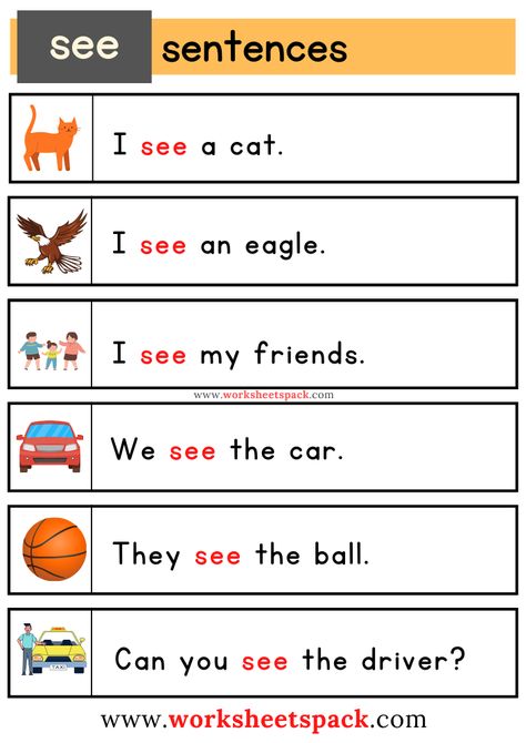 Sight Word Sentences Worksheets with SEE Teaching Kindergarten Writing, Reading Activities For Kids, Esl Beginners, Learn To Read English, Sentences Worksheet, Two Letter Words, Teaching Reading Comprehension, Sight Word Fluency, Sight Word Sentences