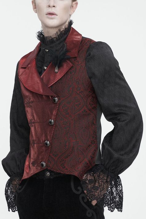 This gothic waistcoat has a contrast color. Feathers and a metal gothic architecture decorated on the collar. Embossing on front one side. Exquisite buttons for closure. A buckle on the back. No elastic fabric. Available in two colors. Color:  Red Materials:  Polyester; Spandex; Rayon Notice:  Other Accessories Are Not Included Style Types:  Gothic Version:  Fitted Soft Index:  Fit Elastic Index:  Good Elastic Thickness Index:  Tran Sparent Size Length (in) Bust (in) Waist (in) Shoulder (in) S 26.4 41.3 37.4 16.5 M 26.8 43.3 39.4 17.1 L 27.2 45.3 41.3 17.5 XL 27.6 47.2 43.3 18.1 2XL 28 49.2 45.3 18.5 3XL 28.3 51.2 47.2 19.1 4XL 28.7 53.1 49.2 19.5 Size Length (cm) Bust (cm) Waist (cm) Shoulder (cm) S 67 105 95 42 M 68 110 100 43.5 L 69 115 105 44.5 XL 70 120 110 46 2XL 71 125 115 47 3XL 72 Red And Black Victorian Suit, Red Tuxedo For Men, Red Suit Prom, Masc Romantic Goth Outfits, Dark Red Tuxedo, Red Suit Aesthetic, Red Rose Outfit, Red Suit Men, Red Suit Vest