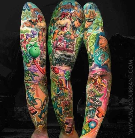 Colorful Sleeve Tattoos, Nintendo Tattoo, Mario Tattoo, Gamer Tattoos, Tattoos Black, Girls With Sleeve Tattoos, Tattoo Background, Full Sleeve Tattoo Design, Tattoo Sleeves