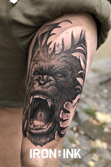 Gorila Tattoos, King Kong Tattoo, Tattoo Pierna Hombre, Lion Leg Tattoo, Inner Thigh Tattoos, African Sleeve Tattoo, Thigh Tattoo Men, Jungle Tattoo, Lower Arm Tattoos