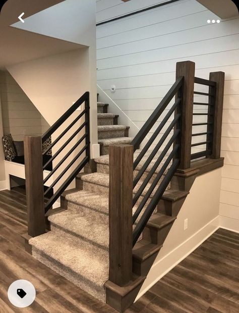 Basement Designs, Rustic Stairs, Metal Handrails, Stair Railings, Cozy Basement, Staircase Remodel, Stair Remodel, Basement Makeover, Finished Basement