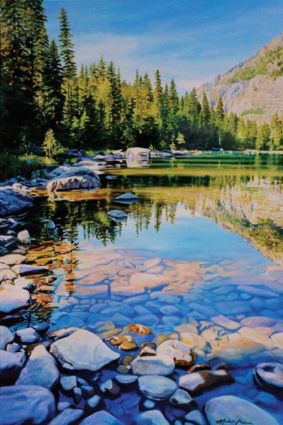 Michelle T. Courier, Avalanche Lake 2, acrylic, 72 x 48. Avalanche Lake, Arte 8 Bits, Lake Painting, Landscape Art Painting, Southwest Art, Watercolor Landscape Paintings, Nature Art Painting, Mountain Lake, Water Painting