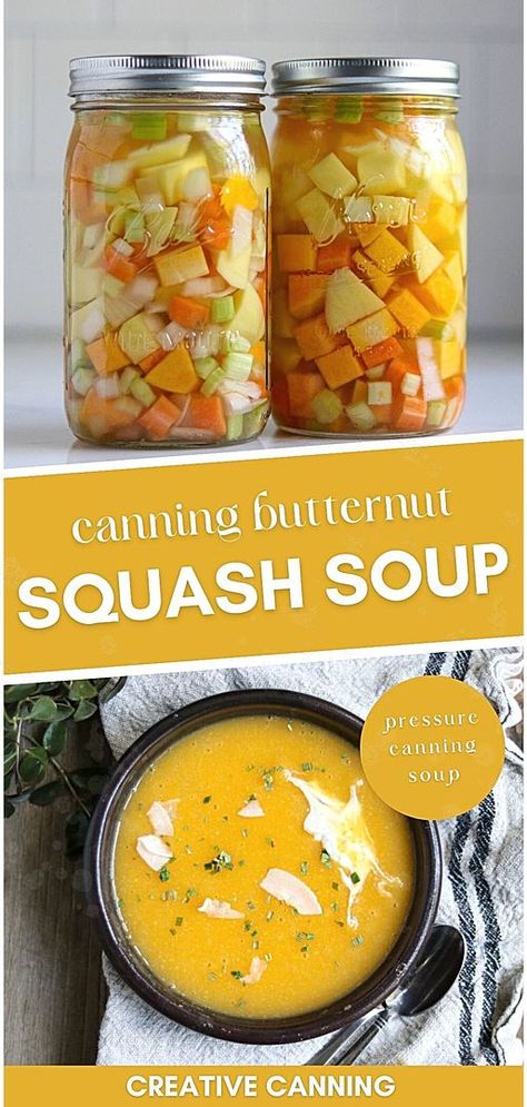 Dive into the art of preserving with our guide on canning butternut squash soup. This delectable recipe is made with essential ingredients like red potatoes, onions, and celery. Discover more in pressure canning soup recipes. Find more meal canning recipes, pressure canning for beginners, and home canning recipes at creativecanning.com. Home Canned Soup Recipes, Canning Butternut Squash Soup, Canning Butternut Squash, Canned Soup Recipes, Canning Beef Stew, Canning Squash, Can Soup Recipe, Canning Meals, Fermenting Recipes