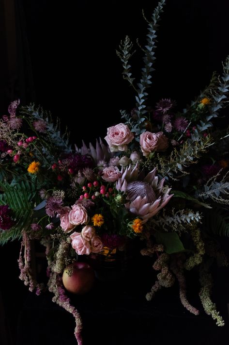 Gothic Flowers, King Protea, Artfully Walls, Purple Bouquet, Flower Installation, Goth Wedding, Victorian Flowers, Dark Flowers, Still Life Art