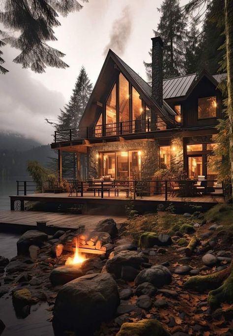 Cabin Dream Home, Rustic Lake Houses Exterior, House In The Mountains Aesthetic, Mountain Top House, Mountain Cabin Exterior, Houses In The Woods, Cottages In The Woods, Canadian Homes, Cabin On Lake