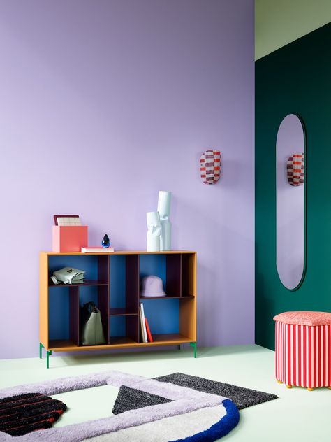 Experience our colour style Anything goes –  Eclectic patterns, bold choices, bright colours and loud laughs galore. Explore here. Montana Furniture, Montana Homes, Colourful Living Room, Shelving Systems, Glass Cabinet Doors, Anything Goes, Design Visual, Design Color, 인테리어 디자인