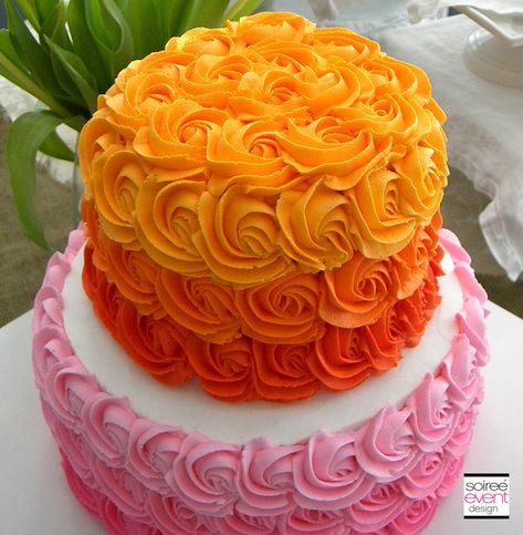 ombre cake. i like the red and orange, not the yellow. just fade to cream would be better Ombre Cake Decorating, Diwali Cake, Pink Ruffle Cake, Ombre Rosette Cake, Orange Birthday Cake, Rose Cakes, 19th Birthday Cakes, Bolo Vintage, Frosted Cake