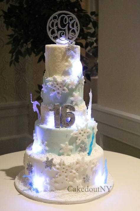 "Ice Queen" themed sweet 16 cake, frozen themed cake, winter cake Winter Sweet 16 Dresses, Winter Wonderland Sweet 16 Cake, Elsa Theme, Sweet 16 Winter Wonderland, Sweet 16 Winter, Cake Winter, Wedding Cake Topper Acrylic, Wonderland Sweet 16, Cake Frozen