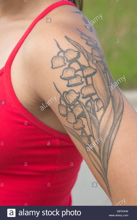 Download this stock image: Lily of the Valley tattoo on woman's arm - DBTKKW from Alamy's library of millions of high resolution stock photos, illustrations and vectors. Lily Of The Valley Tattoo, 6 Tattoo, Valley Tattoo, Harley Tattoos, Lillies Tattoo, Skin Paint, Perfect Tattoo, Flower Tattoo Shoulder, Lily Of The Valley Flowers