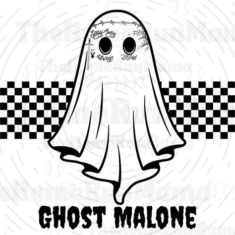 Iconic Tattoos, Post Malone Tattoos, Ghost Malone, Halloween Humor, Checkered Background, Ghost Tattoo, Spooky Style, Teacher Design, Sketch Ideas