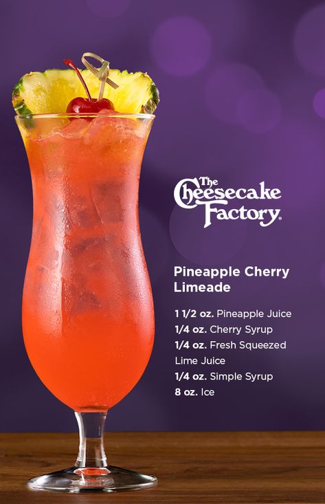 Try our at home recipe for the non-alcoholic Pineapple Cherry Limeade! Build in a mixing glass without ice. Shake well & pour into glass and top with Soda Water. Garnish with a slice of pineapple and a cherry. Cherry Limeade Recipe Alcohol, Limeade Recipe, Coctails Recipes, Alcohol Free Drinks, The Cheesecake Factory, Punch Drinks, Drink Recipes Nonalcoholic, Mixed Drinks Alcohol, Cherry Limeade