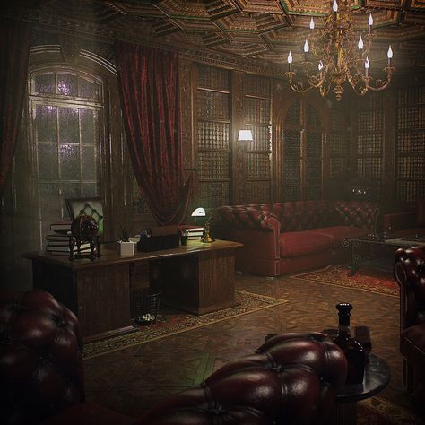 Substance Signature - Victorian Office / Environment Art - by Jonathan BENAINOUS, Jonathan BENAINOUS on ArtStation at https://www.artstation.com/artwork/0XgreE Victorian Office, Manor Interior, Victorian Manor, Wayne Manor, Office Ceiling, Old House Interior, Wall Fabric, Old Office, Office Artwork