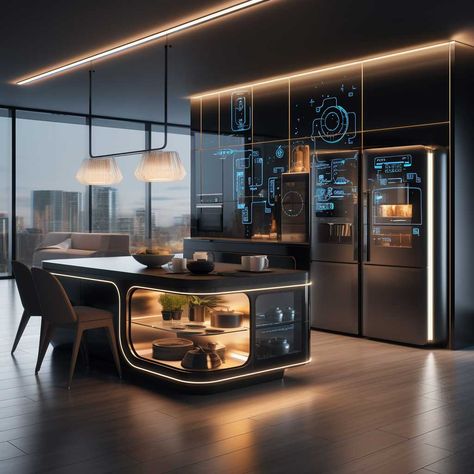 A Glimpse into the Future of Modern Kitchen and Dining Room Interiors • 333+ Images • [ArtFacade] Futuristic Modern Interior Design, Kitchen Of The Future, Technology Room Design, Modern Futuristic House Interior, Futuristic Modern House, Hi Tech Interior, Kitchen Futuristic, High Tech Interior Design, Cyberpunk Kitchen