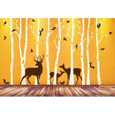 Innovative Stencils Birch Tree Animal Forest Mural Vinyl Wall Decal Size: 96" H x 132" W, Color: White/Brown Fawn Nursery Decor, Fawn Nursery, Birch Tree Wall Decal, Photowall Ideas, Bible Wall Decals, Bird Wall Decals, Forest Mural, Tree Wall Murals, Floral Wall Decals