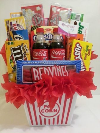 Candy Pop Shop - Movie Marathon Candy Bouquet Candy Basket Ideas, Diy Movie Night Ideas, Family Movie Night Gift, Movie Basket, Popcorn Gift Basket, Movie Night Basket, Diy Movie Night, Candy Baskets, Movie Night Ideas