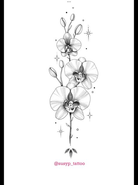 Orchid And Water Lily Tattoo, White Orchids Tattoo, Vanilla Orchid Tattoo, Orkid Flower Tattoo Design, Lavender And Orchid Tattoo, Orchid With Butterfly Tattoo, Orchid Tattoo Drawing, Orchid And Bee Tattoo, Moon Orchid Tattoo