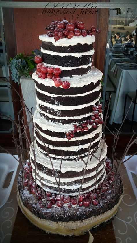 Naked Wedding Cake - Choc Devil foodcake with white choc creamcheese frosting.    https://www.facebook.com/pages/Baked-with-Love/115563808503000?sk=timeline Black Forest Gateau Wedding Cake, Black Forest Cake Wedding, Black Forest Wedding Cake, Black Forest Wedding, Forest Wedding Cake, Black Forest Cake Easy, Wedding Cake Forest, Rustic Cakes, Wedding Ceremony Invitations