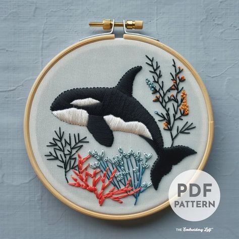 TheEmbroideryLoftCo - Etsy Orca Embroidery Pattern, Titanic Embroidery, Orca Embroidery, Ocean Embroidery Patterns, Under The Sea Embroidery, Orca Swimming, Orca Pattern, Marine Embroidery, Embroidery Reference