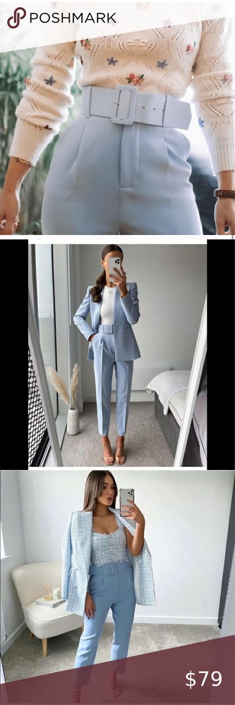 NWT ZARA High Waisted Belted Pants Dusty Blue L Blue Pants Outfit Work, Belted Pants Outfit, Blue Trousers Outfit, Pastel Blue Outfit, Blue Pants Outfit, Pants Outfit Work, High Waisted Pants Outfit, Outfit Zara, Belted Pants