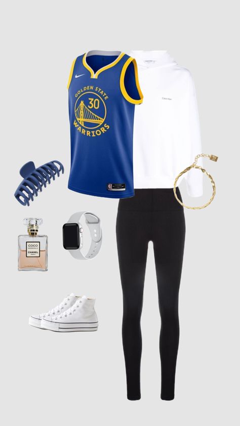 #goldenstatewarriors #nbaoutfit #outfitinspo Warriors Jersey Outfit Women, Warriors Outfit Female Golden State, Jersey Outfit Women, Golden State Warriors Outfit, Nba Fits, Golden State Warriors Jersey Design, Basketball Game Outfit Women, Basketball Game Outfit, Golden State Warriors Shirt