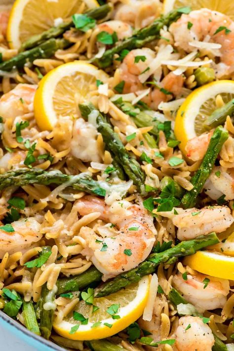 Lemon Shrimp Pasta {One Pot Recipe!} - WellPlated.com Orzo And Asparagus, Orzo Shrimp, Orzo Asparagus, Tender Asparagus, Lemon Shrimp Pasta, Shrimp Asparagus, Shrimp Orzo, Lemon Butter Salmon, Lemon Shrimp