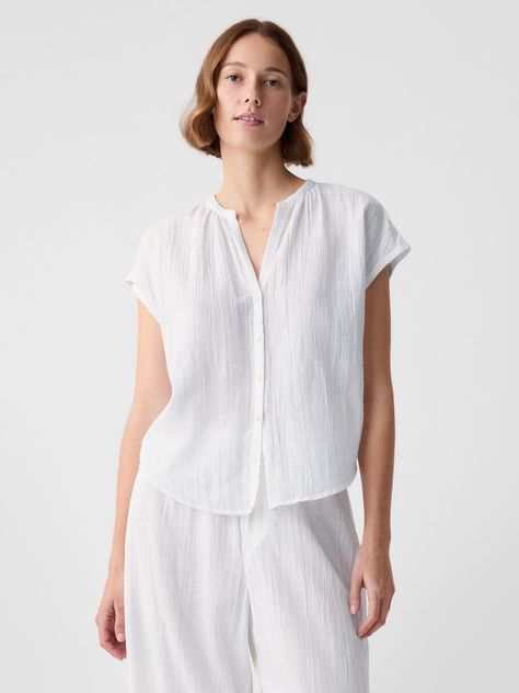 Soft cotton-modal-linen blend gauze PJ shirt.  Split neck.  Short Dolman sleeves.  Button front.  Certain styles have allover prints.  * Fit: Relaxed.  A straight & easy fit.  * Style Note: For a more Classic fit, go down one Gauze Tops For Women, Cotton Dress Pattern, Gauze Shirt, Gauze Top, Pajamas For Women, Fit Style, Tops For Women, Petite Size, Dolman Sleeve