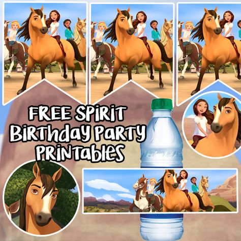 FREE Spirit Birthday Party Printable Files | Banner | Cupcake Toppers | Water Bottle Label Spirit Riding Free Birthday Party Decorations, Spirit Party Ideas, Spirit Horse Birthday Party, Spirit Birthday Party Ideas, Spirit Birthday Party, Spirit Riding Free Birthday Party, Horse Theme Birthday Party, Spirit Birthday, Horse Birthday Parties