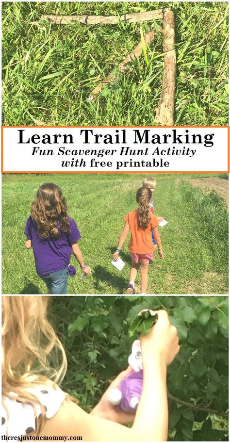 Do your kids love scavenger hunts? Teach Trail Marking skills with this simple trail blazing activity. Get a free printable by clicking through to There's Just One Mommy. Trail Marking, Kids Survival Skills, Trail Life, Forest School Activities, Nature School, Outdoor Education, Nature Camping, Scavenger Hunts, School Survival