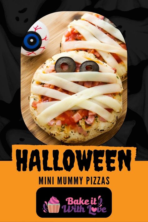 Mini mummy pizzas on wooden cutting board with round eye ball and halloween title. Chicken Parmesan Pizza, Breaded Chicken Parmesan, Mummy Pizza, Halloween Appetizer, Halloween Appetizers Easy, English Muffin Pizza, Appetizer Dishes, Pizza Ingredients, Halloween Appetizers