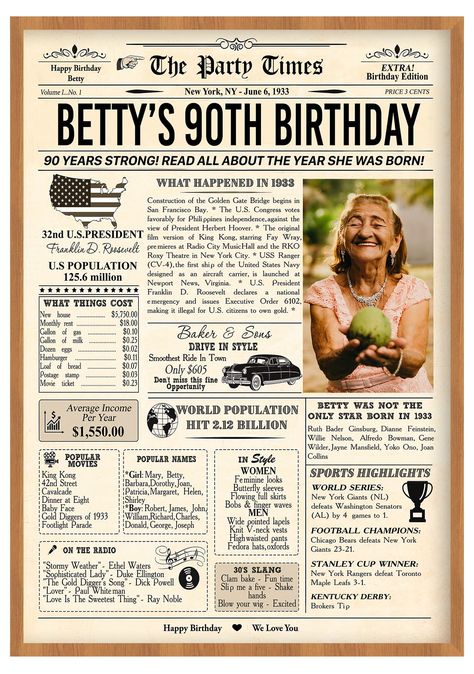 PRICES MAY VARY. Title: Personalized 90th Birthday Gifts, Decorations Party For Women, Men, Him, Her, Dad, Mom, Grandma, Grandpa - Custom Vintage Newspaper Poster Décor with Name. Product Type: Categories > Wall Art > Posters & Prints 90 Th Birthday Party Ideas Centerpieces, 90th Birthday Party Ideas For Grandma, 90 Birthday Party Ideas Decoration, 90th Birthday Ideas, 90th Birthday Party Ideas, 90th Birthday Party Decorations, 90 Birthday, 90th Birthday Decorations, 90th Birthday Party