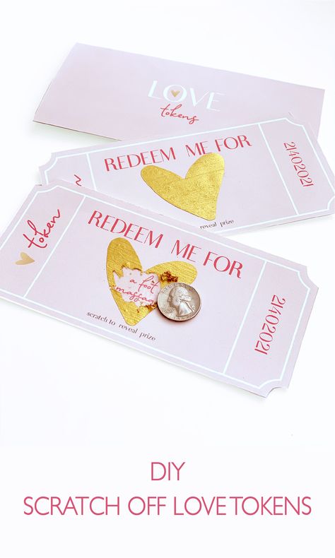 Love Tokens Diy, Valentine Scratch Off Ideas, Valentines Scratch Off For Him, Birthday Tokens Ideas, Interactive Gifts For Boyfriend, Diy Scratch Off Cards Boyfriend, How To Make Scratch Off Cards, Scratch Off Valentine Cards, Scratch Card Design