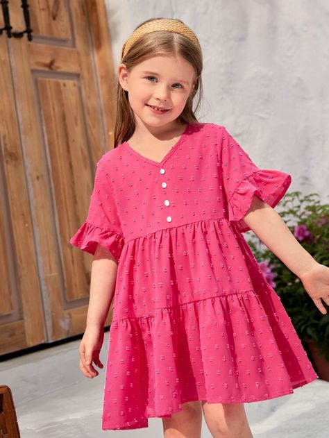 SHEIN Toddler Girls 1pc Swiss Dot Flounce Sleeve Ruffle Hem Smock Dress | SHEIN USA Gaun Fashion, Mode Abaya, Toddler Clothes, Girls Party Dress, Dresses Kids Girl, Pink Outfits, Everyday Dresses, Birthday Dresses