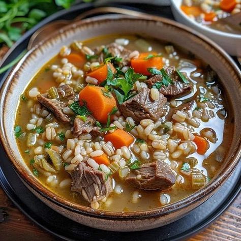 old easy recipes | Beef & Barley Soup is a classic and hearty dish that is perfect for warming up on a chilly day | Facebook Beef Gravy Mix, Beef And Barley, Bacon Fried Cabbage, Beef Barley, Beef Barley Soup, Beef Gravy, Cabbage And Bacon, Fried Cabbage, Beef Stew Meat