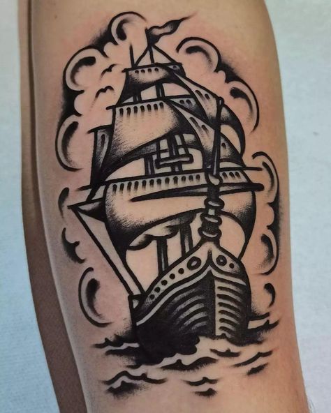 Pirate Ship Tattoo Traditional, Pirate Tattoo Traditional, Traditional Nautical Tattoo, Traditional Sailor Tattoos, Traditional Ship Tattoo, Traditional Tattoo Drawings, Pirate Ship Tattoo, Sailor Tattoos, Pirate Tattoo